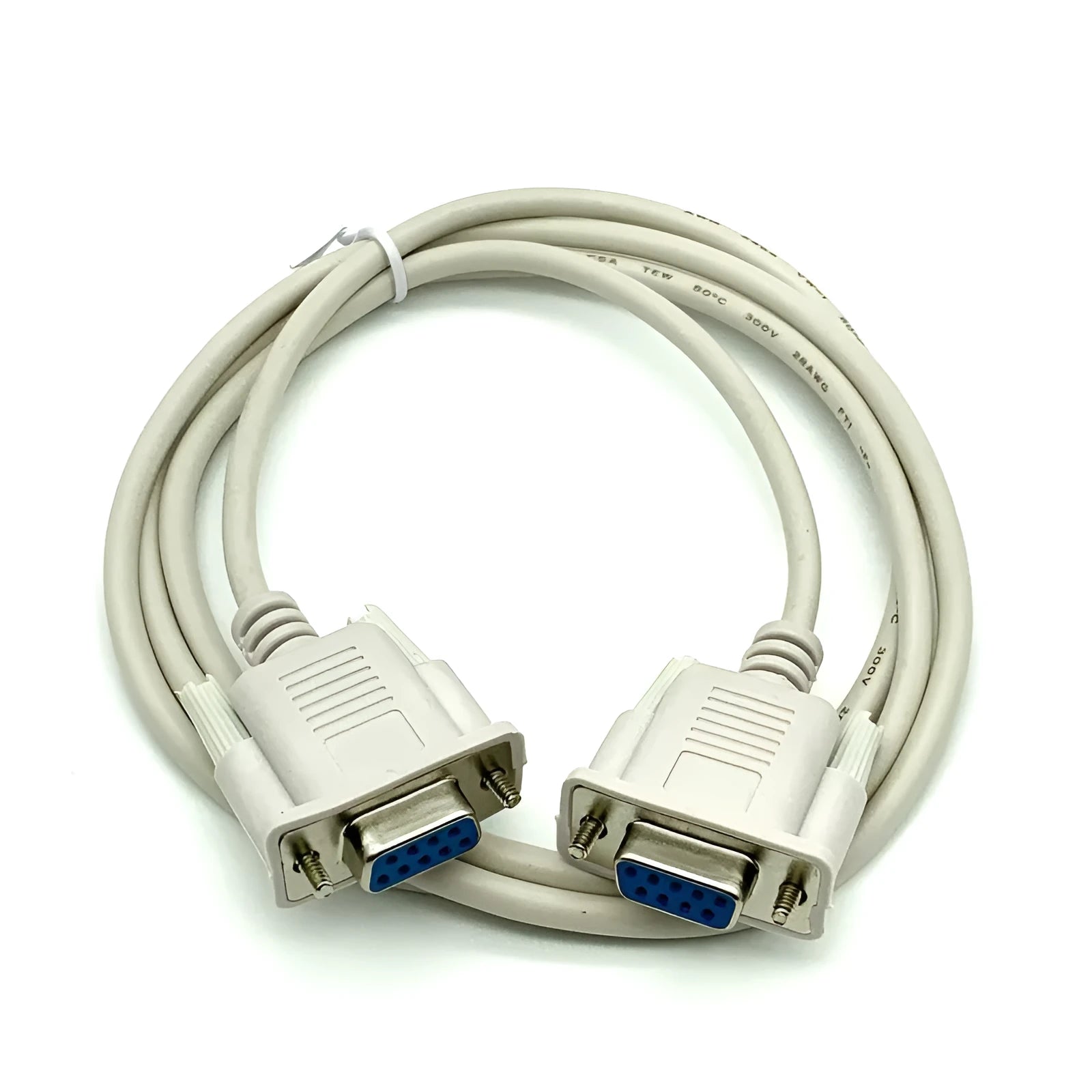 Milky white female to female DB9 RS232 serial cable, 1.5 metres long.