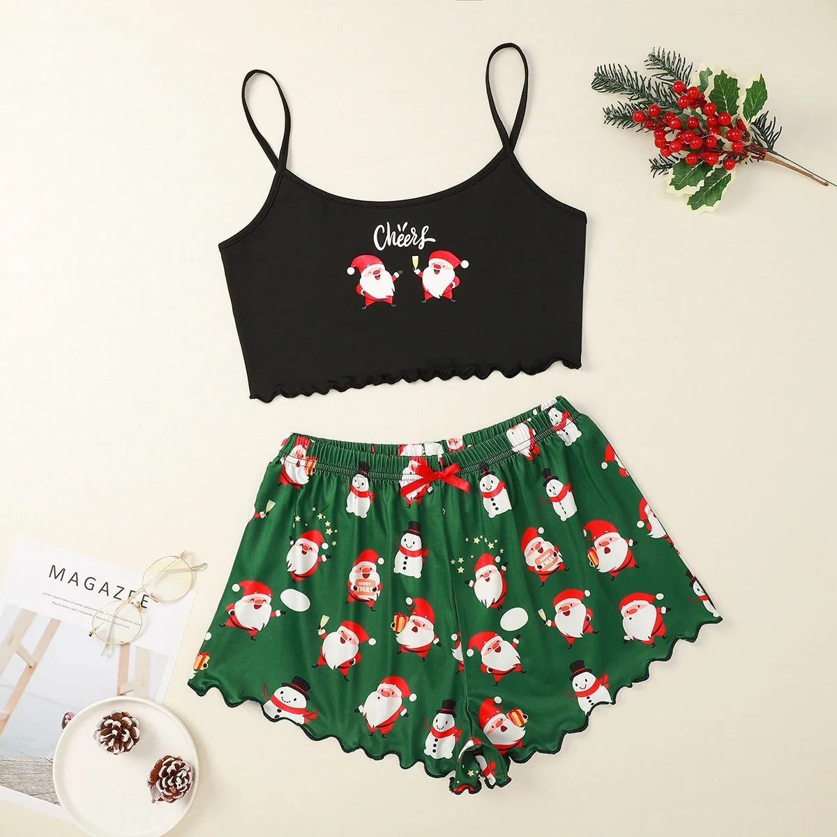 Women's Christmas-themed milk silk pajamas set with sleeveless top and shorts