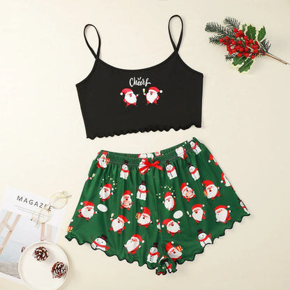 Women's Christmas-themed milk silk pajamas set with sleeveless top and shorts