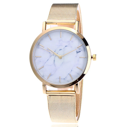 Vansvar women's quartz watch with black marble dial, silver mesh steel band, 3.9 cm diameter, slim 0.9 cm thick for casual wear