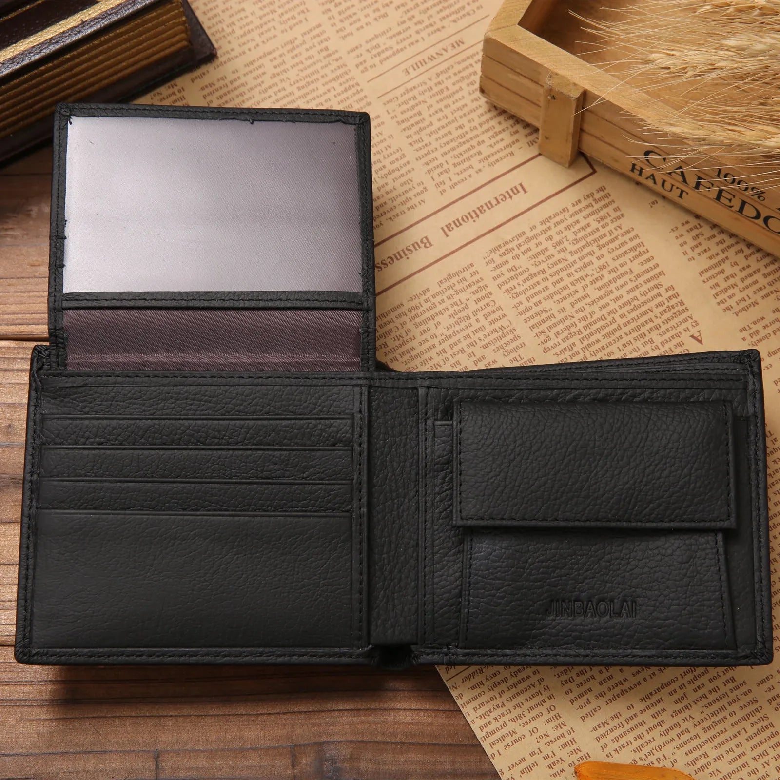 Men's first layer cowhide leather bifold RFID wallet with coin purse, black, 11.5cm length, stitching detail