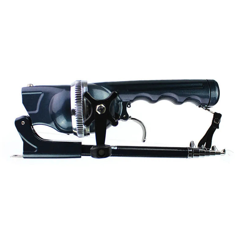 Foldable fishing rod in black colour, shrunk to 26.5cm, with built-in reel and epoxy resin construction