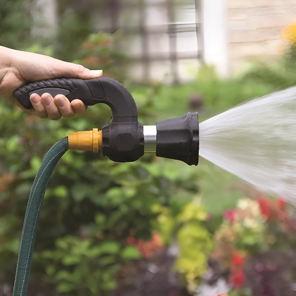 Black sprinkler gun car washer cleaning tool with five spray settings and rubber grip on a white background