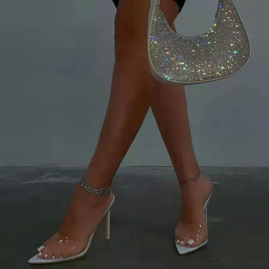 Women's ultra-high vamp stiletto heel slippers in apricot colour with open toe bracket