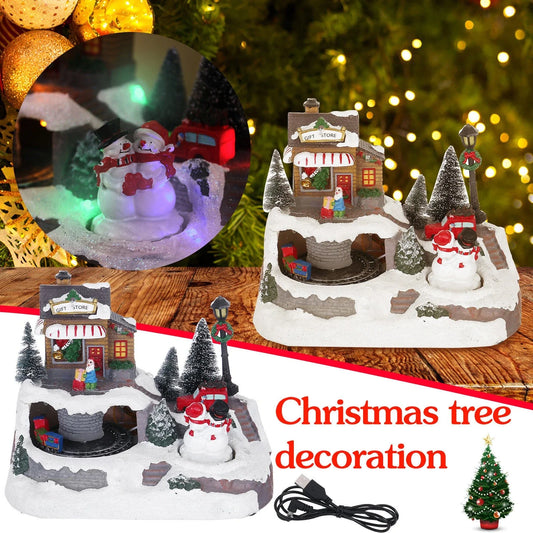 Christmas village LED light music house decoration with rotating figures and colourful lights