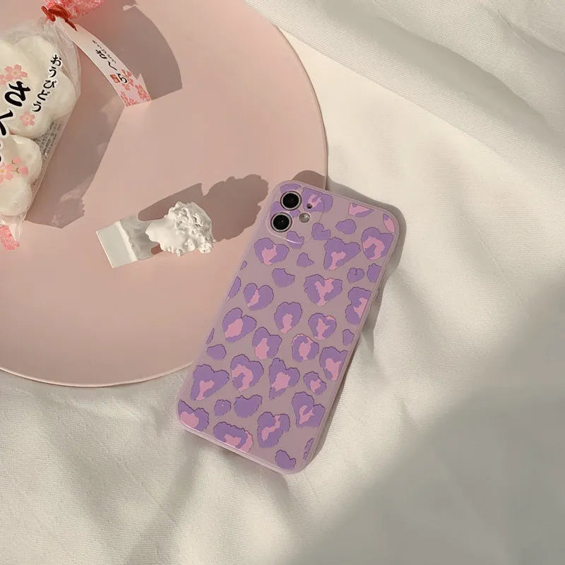 Frosted silicone phone case with purple leopard print and geometric design for Apple iPhone