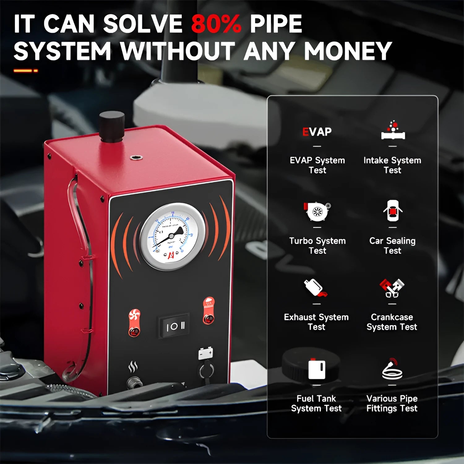 Red 12V diagnostic smoke leak detector for automotive EVAP systems and pipelines