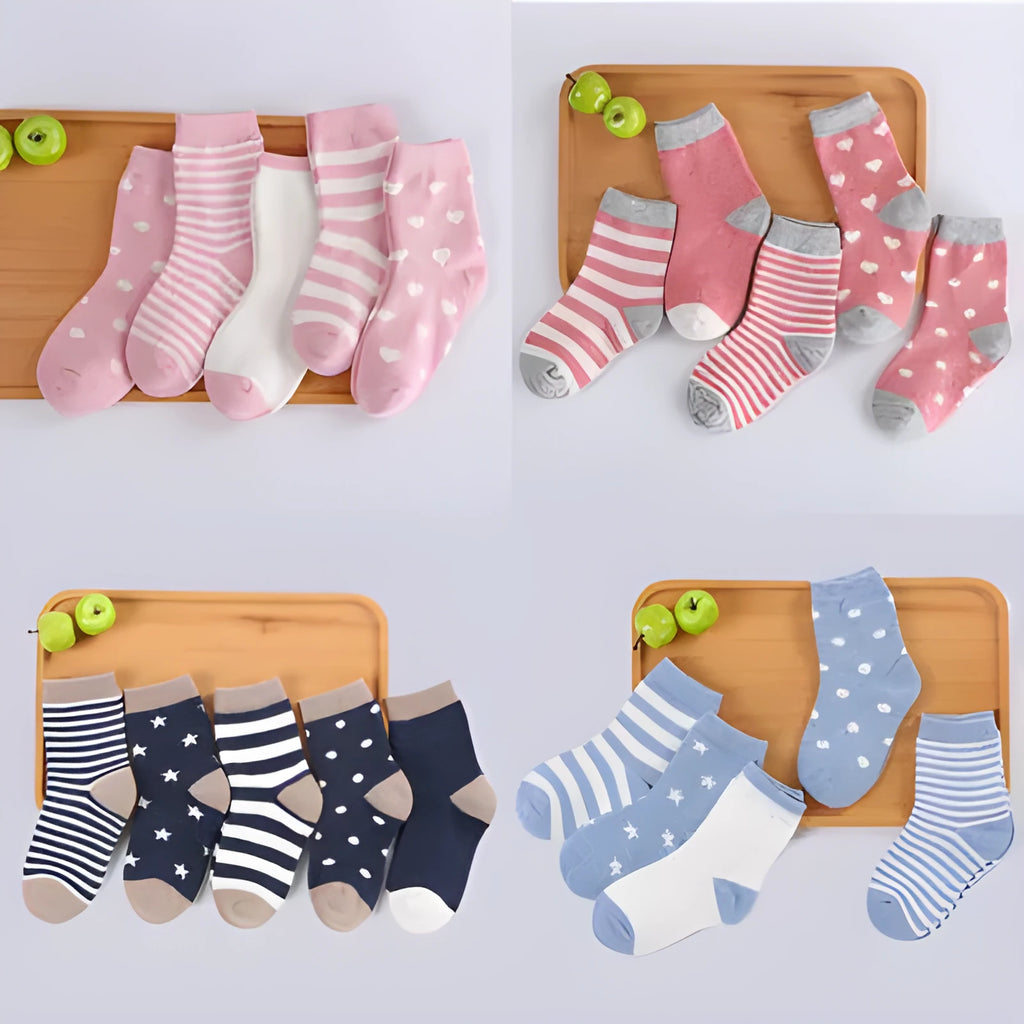 Children's cotton tube socks in jacquard construction showing colour options including blue, khaki, navy, pink, stripes, and watermelon red