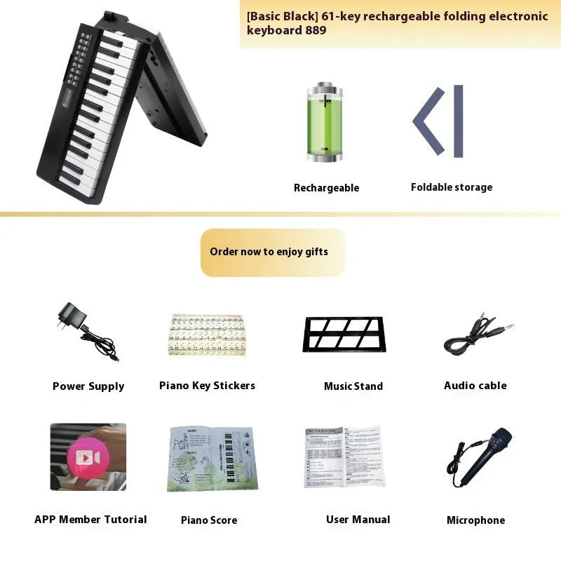 Charging portable smart folding 61 key piano, plastic body, 80.6 cm length, black colour option