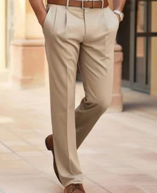 Men's straight cut trousers in navy blue, black, gray, and khaki for office wear