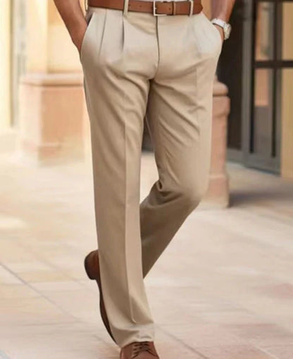 Men's straight cut trousers in navy blue, black, gray, and khaki for office wear