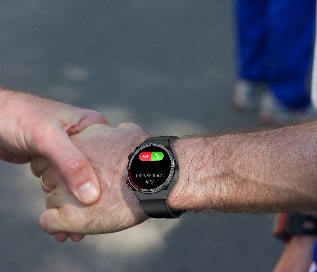 Smartwatch with rotary dial on case, genuine leather strap, and 1.3-inch display showing health stats.