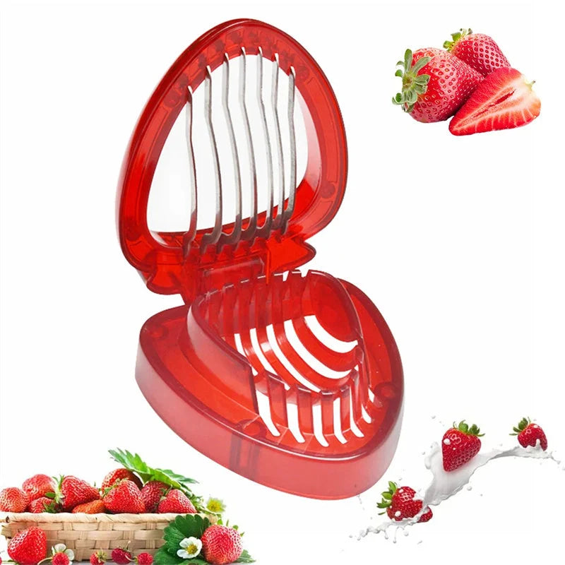 Red strawberry slicer with stainless steel blades for efficient and uniform fruit slicing