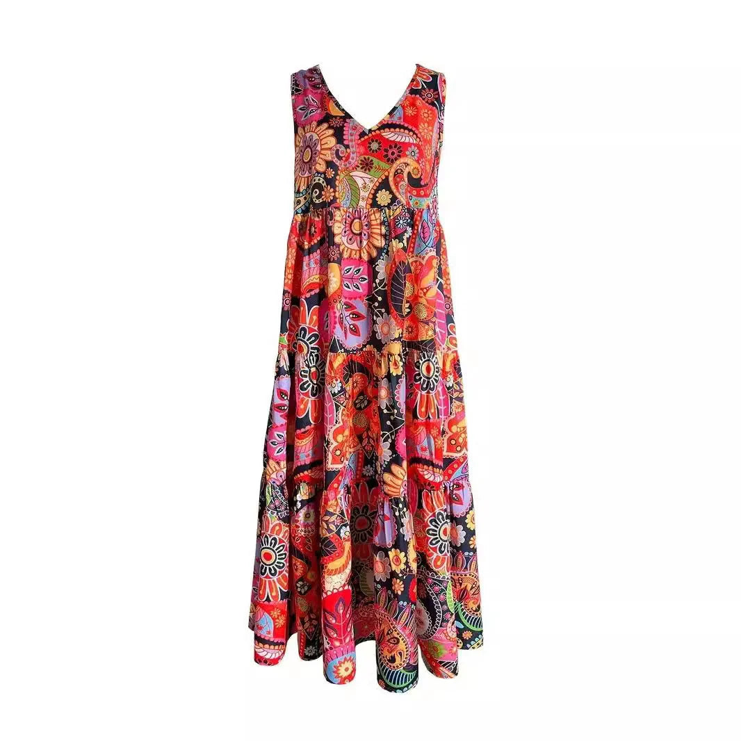 Stylish Women's Floral V-neck Swing Dress in vibrant orange red, perfect for summer outings.