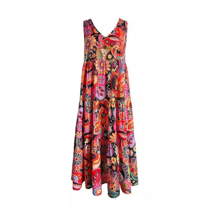 Stylish Women's Floral V-neck Swing Dress in vibrant orange red, perfect for summer outings.
