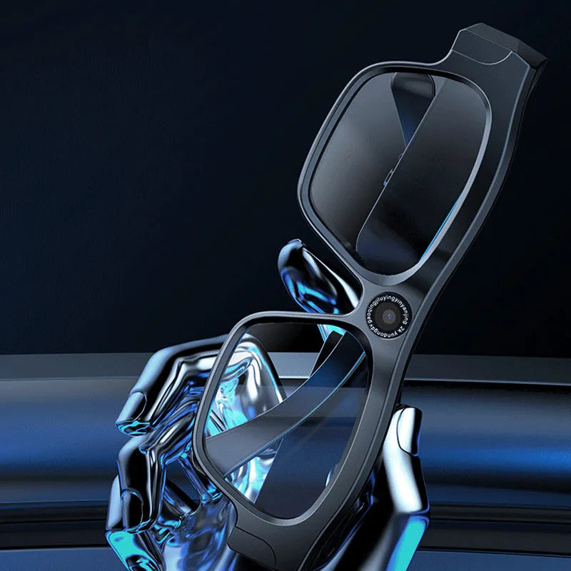 Black smart glasses with integrated camera for video recording, shown with accessories.