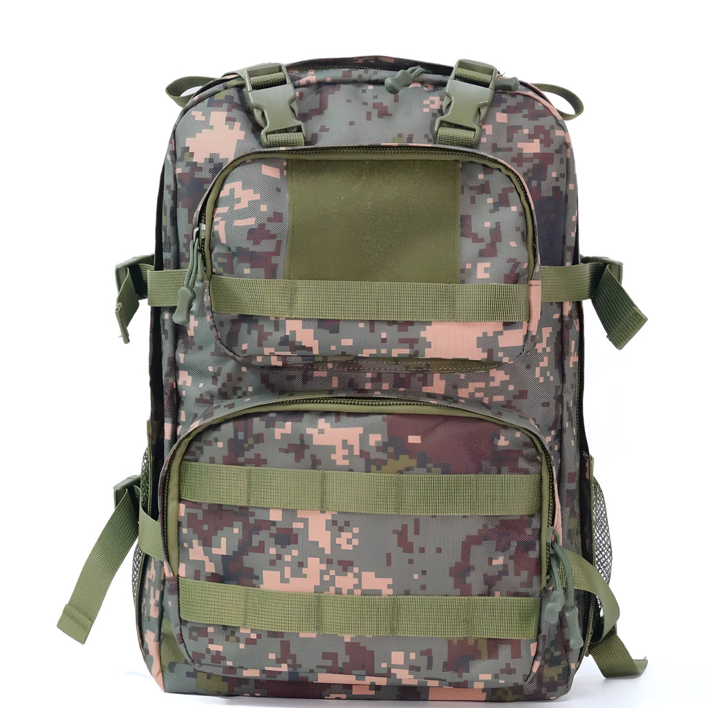 Camouflage pattern waterproof outdoor rucksack with dimensions 30x15x46cm showing air pillow belt system