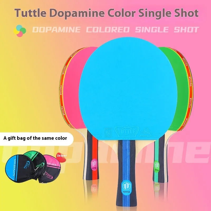 Table tennis racket with a long shakehand grip handle and matching cover, shown in pink, blue, and green colour options.