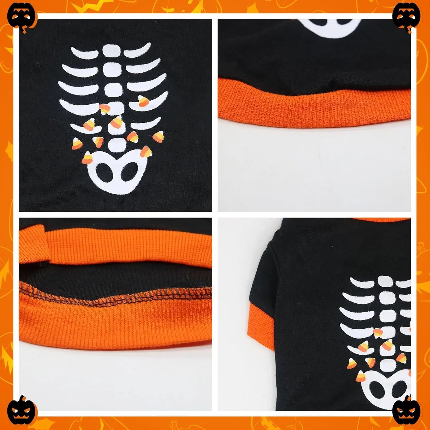 Orange dog sweatshirt with black skeleton print on small breed dog showing ribbed collar and cuffs