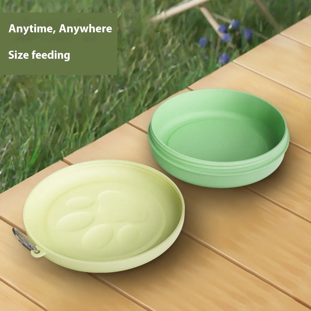 Portable plastic dog food and water bowl in S and L sizes, showing colour options including pink and green.