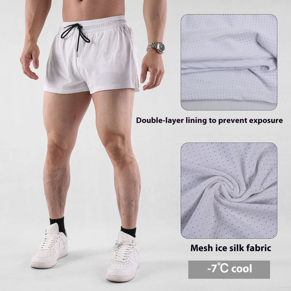 Men's black nylon quick-dry summer shorts laid flat, showing mid-waist and shorts length.