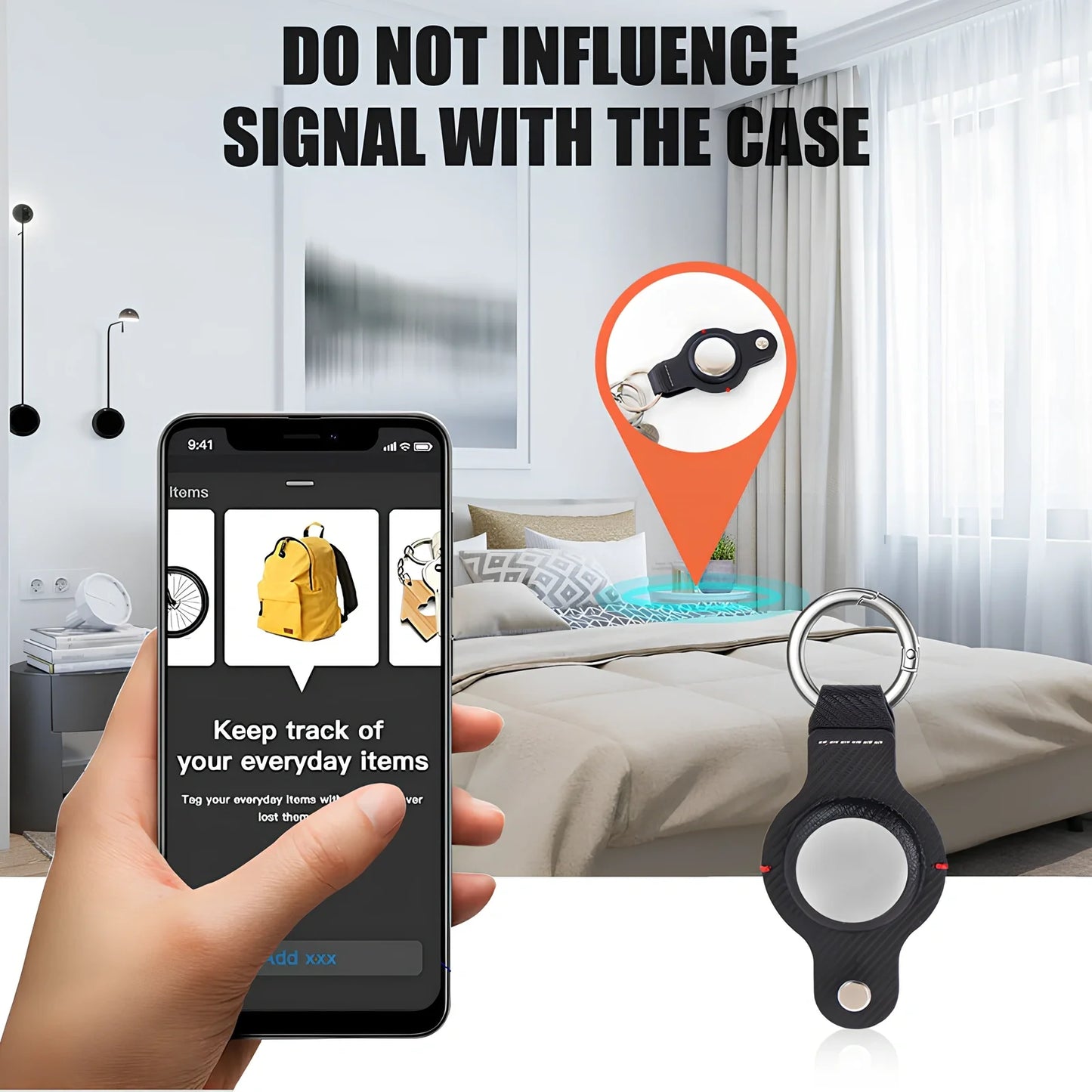 Black PU leather AirTag holder keychain with metal ring, 4cm diameter, secure snap fit for tracking valuables