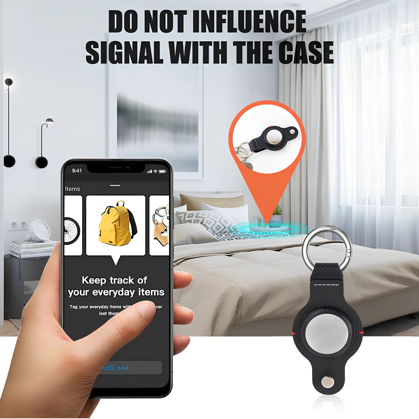 Black PU leather AirTag holder keychain with metal ring, 4cm diameter, secure snap fit for tracking valuables