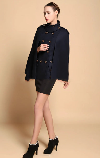 Navy blue women's double-breasted woolen cape-style coat, sleeveless slim fit, medium 65-80cm length, wool-polyester blend