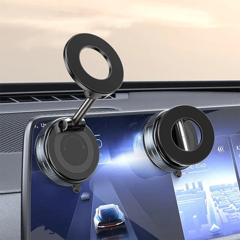 Vacuum rotary magnetic car phone holder with 360° rotation, zinc alloy and aluminium alloy build, in black showing suction and magnet