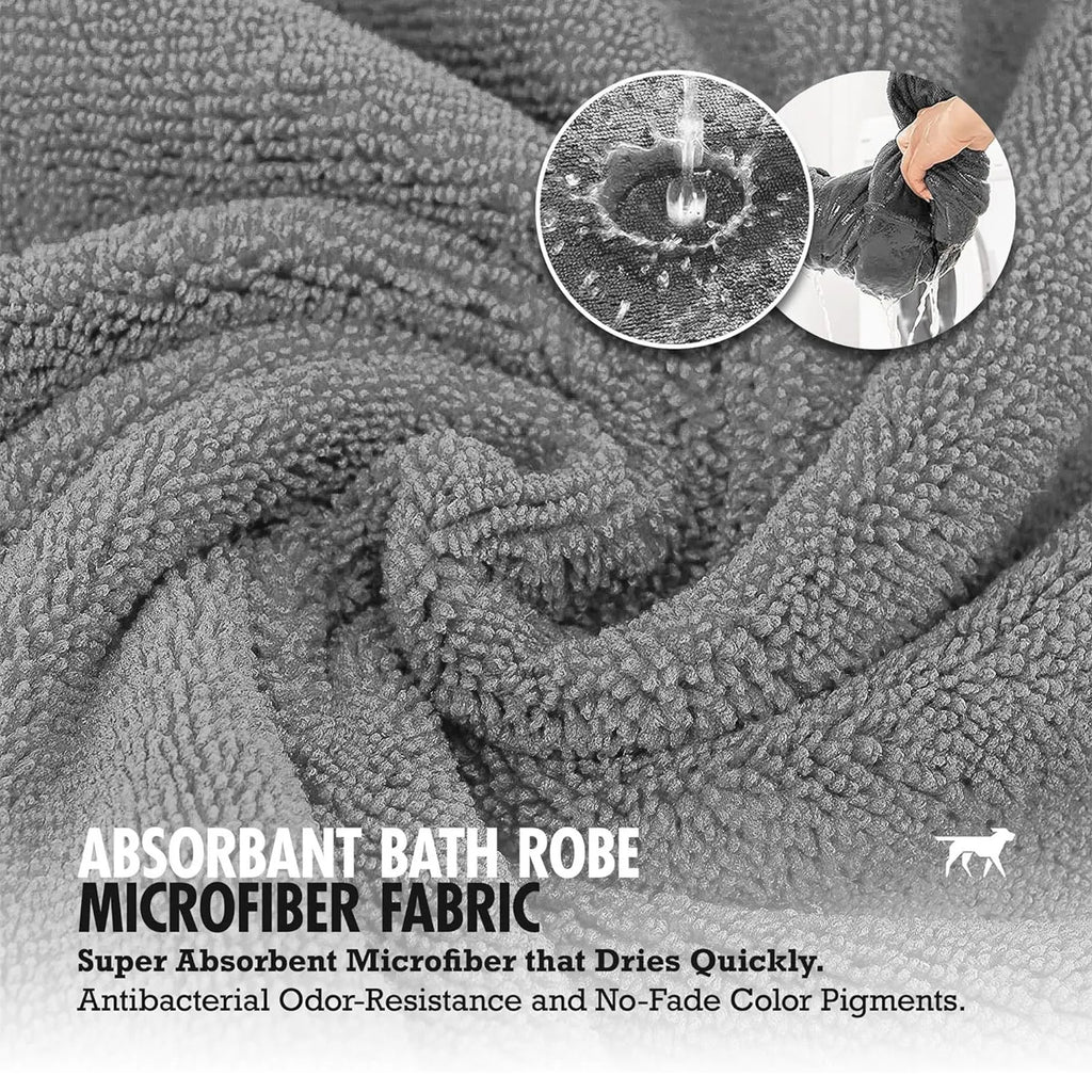 Super absorbent dog bathrobe towel outfit worn by a dog, showing sizes from XS to 3XL.