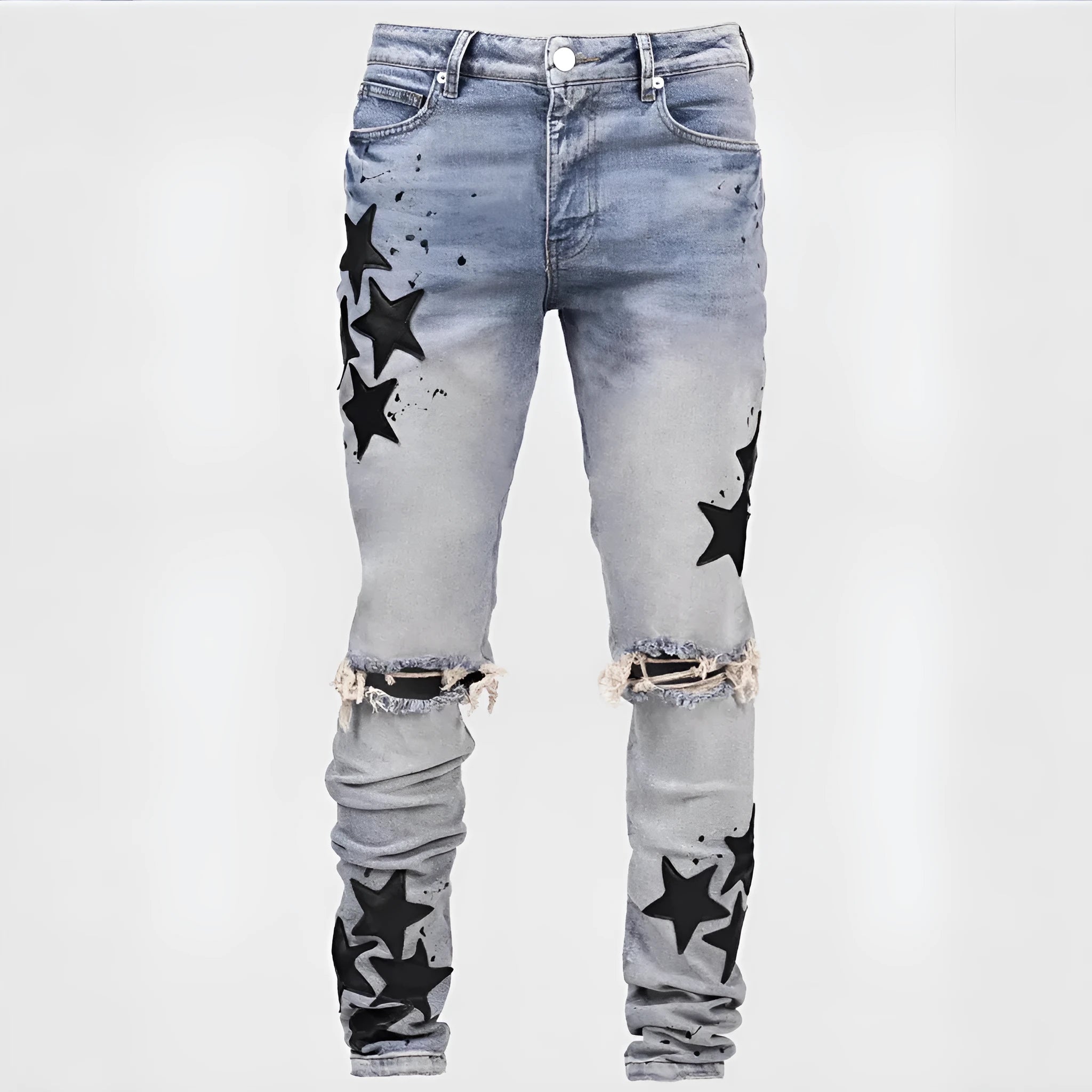 Men's slim stretch blue jeans with embroidery detailing on denim fabric