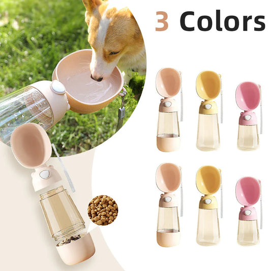 Portable pet water bottle with built-in food and water bowls for outdoor travel and adventures