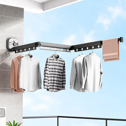 Aluminum retractable clothes drying rack mounted on wall with suction cups