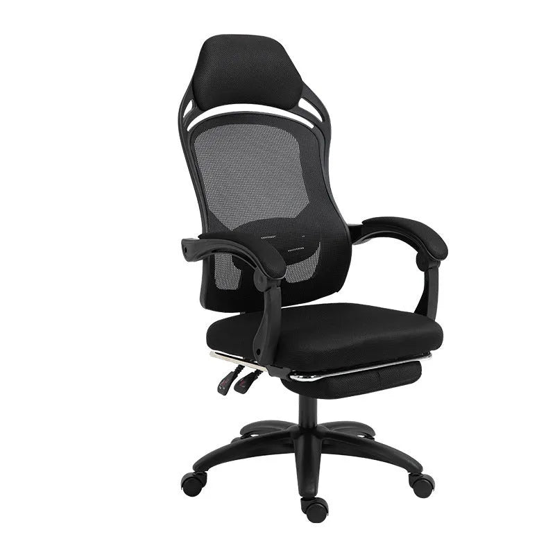 Black rotating computer gaming chair with linkage armrests and nylon wheels