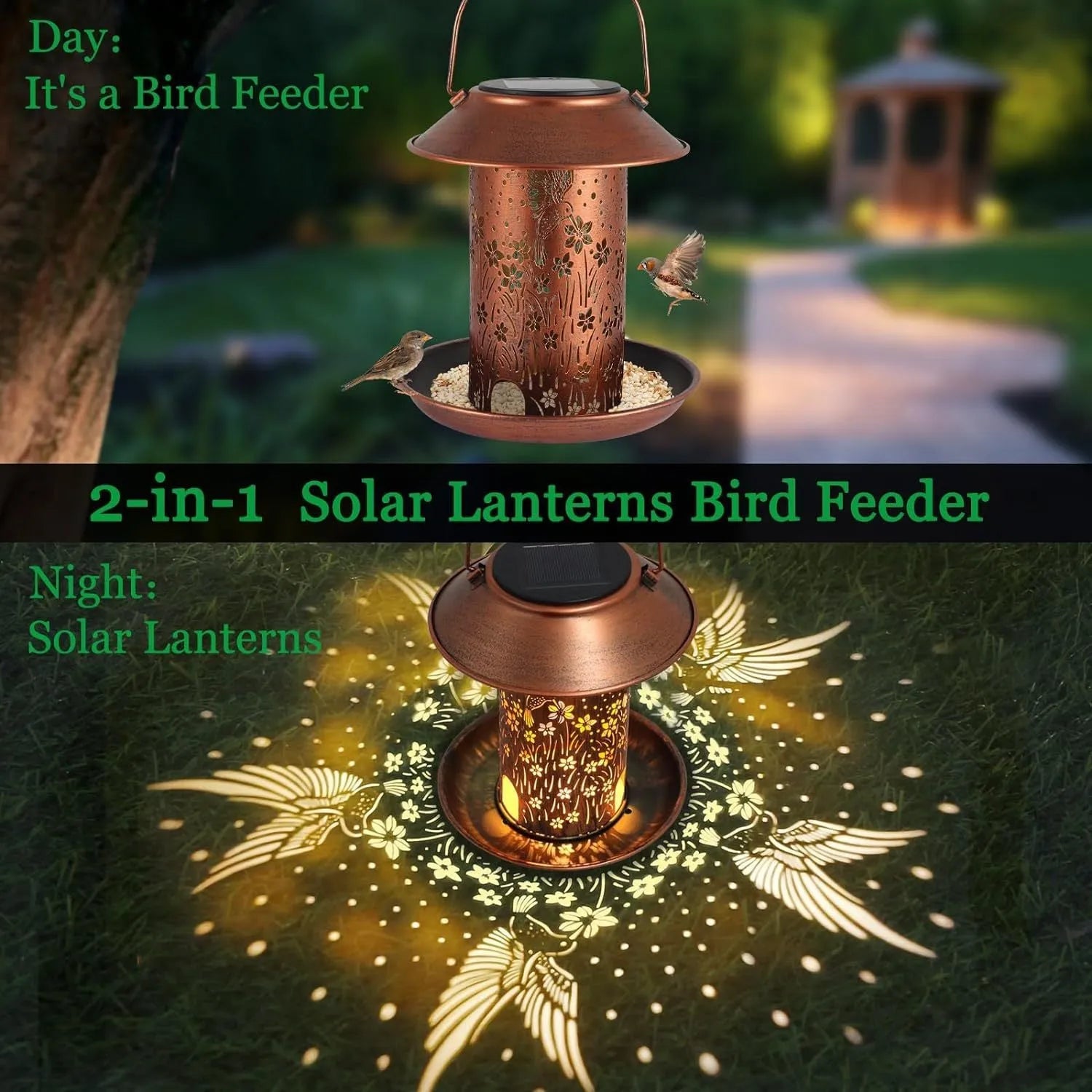Solar-powered outdoor lamp feeder in hummingbird design with iron art construction
