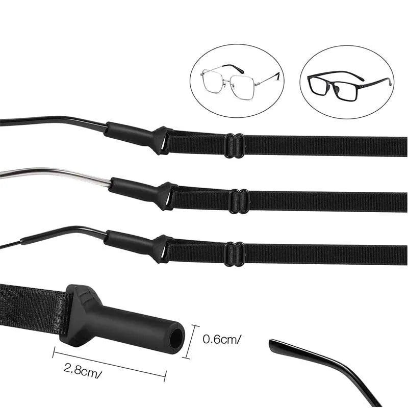 Black adjustable glasses cord with silicone ends for adult and children's eyewear retention