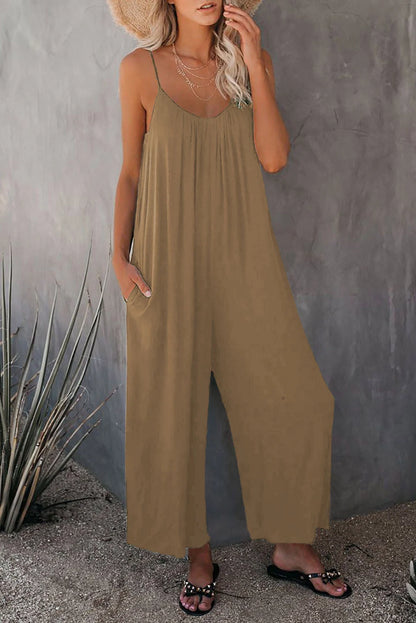 Women's sleeveless cotton blend jumpsuit with pockets, available in multiple colours