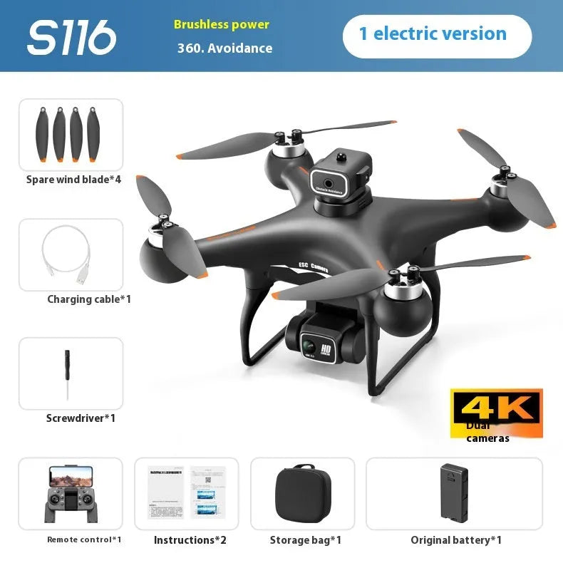 Black HD brushless motor UAV quadcopter with four-side obstacle avoidance sensors and mounted HD camera.