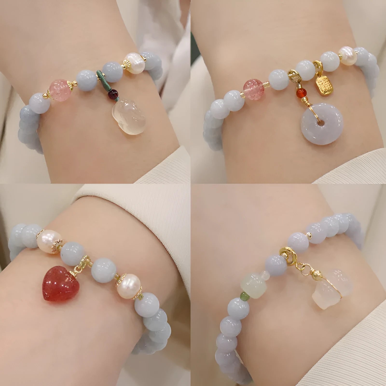Gold plated women's bracelet with aquamarine chalcedony crystal pendant and floral design.