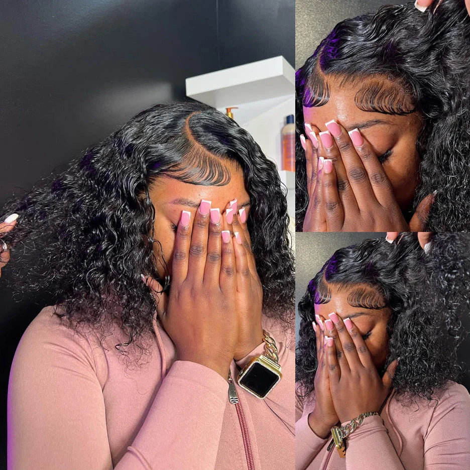 10A short Brazilian lace front bob wig with curly human hair and natural-looking hairline