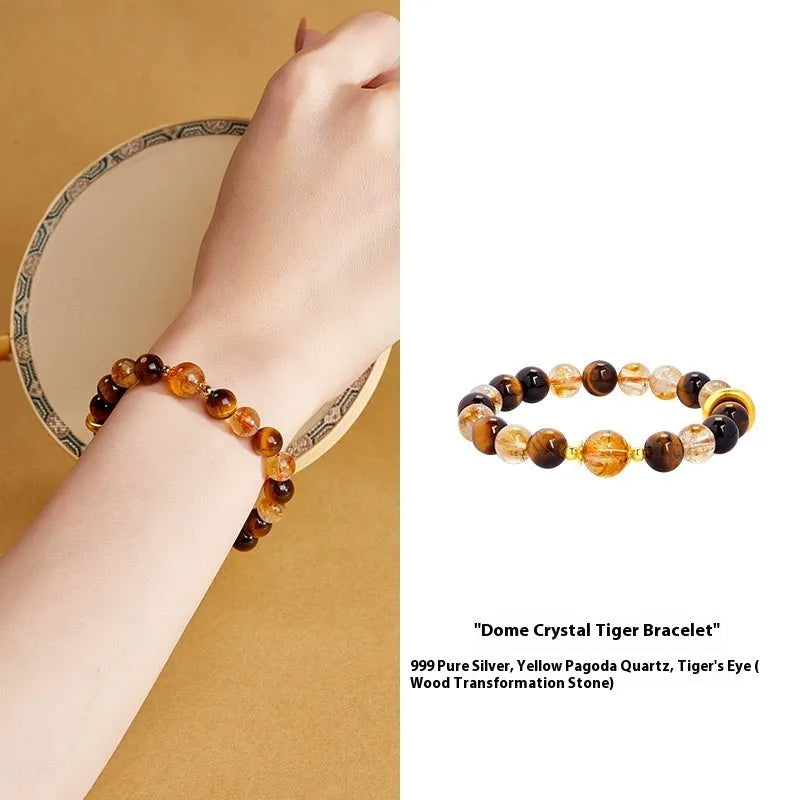 Tigereye beaded bracelet women 8mm crystal dome tiger style sterling silver