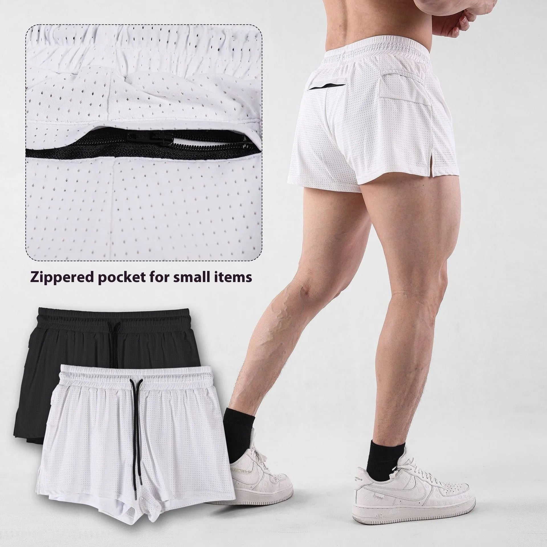 Men's black nylon quick-dry summer shorts laid flat, showing mid-waist and shorts length.