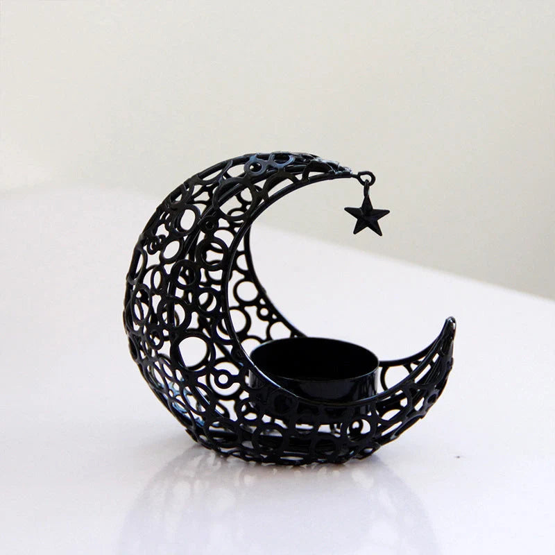 Crescent moon star metal candle holder in black or gold for elegant home decor