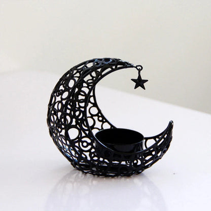 Crescent moon star metal candle holder in black or gold for elegant home decor