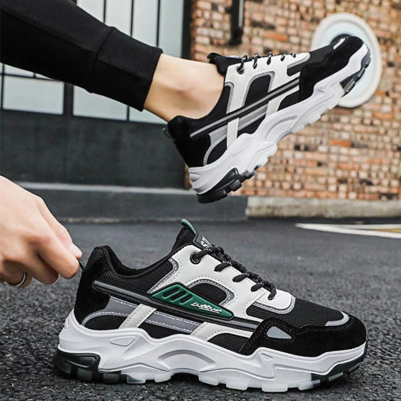 Men's black and white lace-up sneakers with breathable mesh for running