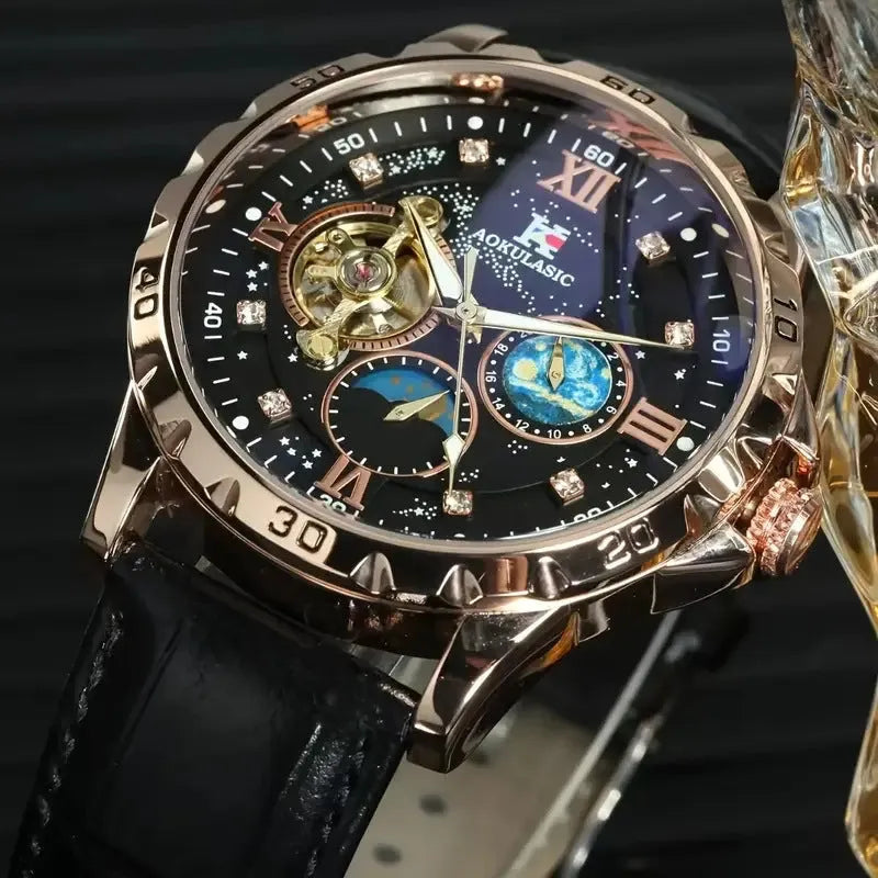 Men's black and rose gold skeleton automatic watch with leather strap on wrist