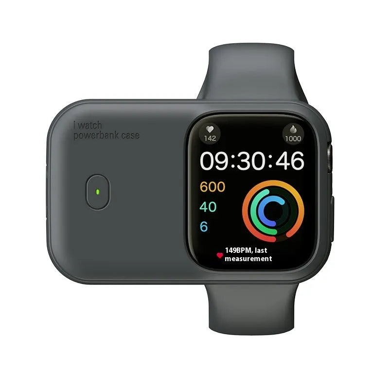 Apple Watch portable wireless charging power bank case with silicone cover in brown, midnight blue, or starlight.