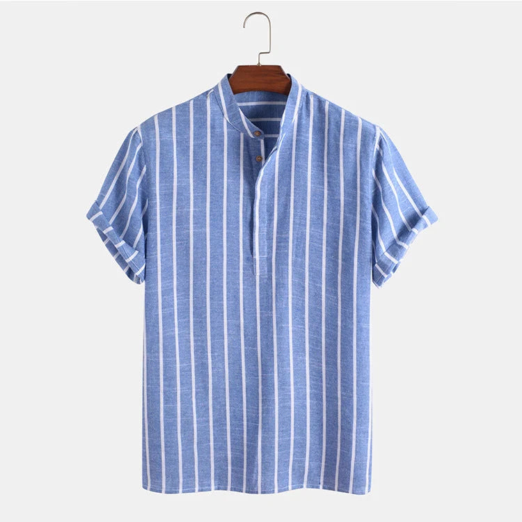 Men's striped casual short sleeve shirt in 100% cotton, available in white, red, gray, and blue.