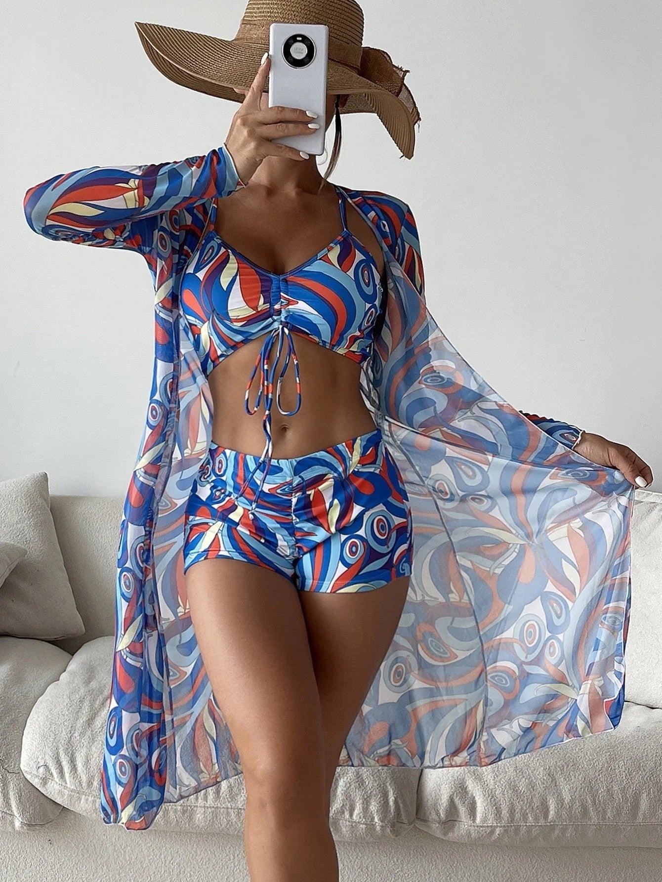 3-piece Pring bikini set with long sleeve cardigan in floral pattern for summer beach outings