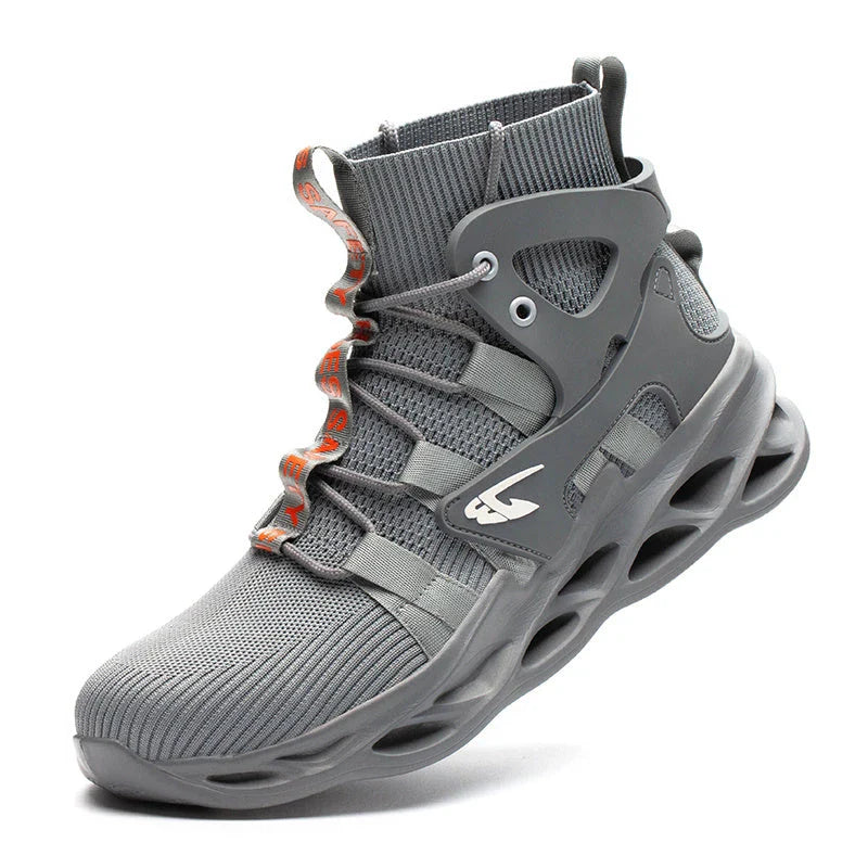 Durable steel toe construction boots for men with puncture-proof design, breathable mesh lining, and shock-absorbing sole